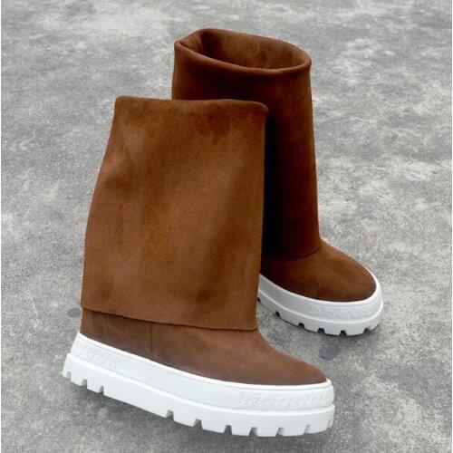 Girls Fashion Brown Platform Round Toe Mid-calf Boots Woman 10 cm Height Increasing Slip On Casual Thick Heel Short Fold Boots