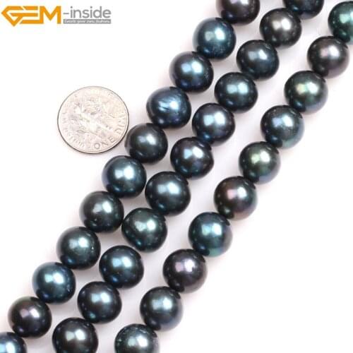 Gem-inside Natural Black with Peacock Green luster Round Cultured Freshwater Pearls Beads for Jewelry Making 15'' DIY Jewellery