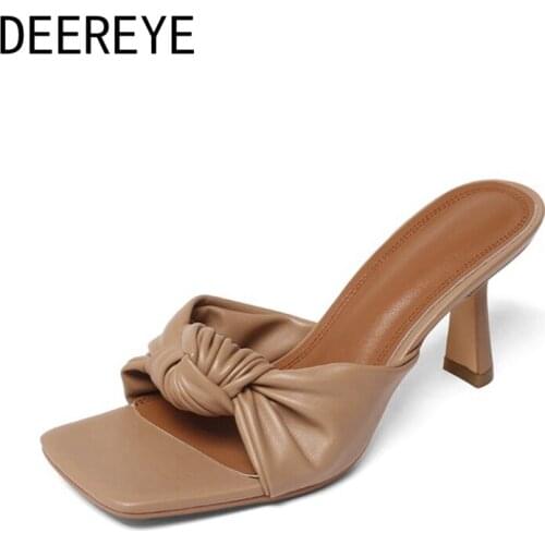 Apricot White Elegant Women Pleated BowKnot Chunky High Heel Mule Shoes Comfortable Sandals Slipper For Wedding Party And Dress