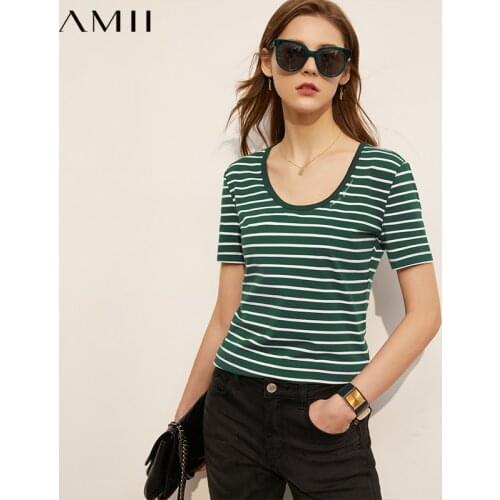 Amii Minimalism Summer New Womens Tshirt Causal Stripe Oneck Slim Fit Female Tshirt Fashion Streetwear Womens Tops 12130111