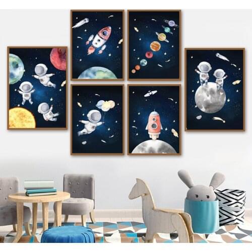 Space Astronaut Planet Rocket Moon Nursery Wall Art Canvas Painting Nordic Posters And Print Wall Pictures Baby Kids Room Decor