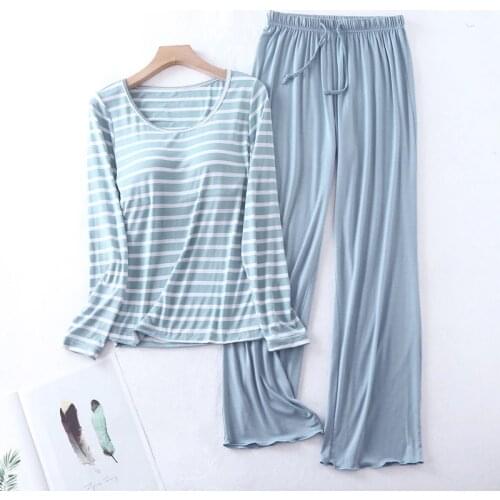 Modal Casual Loose Pajamas for Women Long Sleeve Autumn Winter Pijamas Womens Sleepwear Bra pad Stripe Ladies Set Pyjama Femme