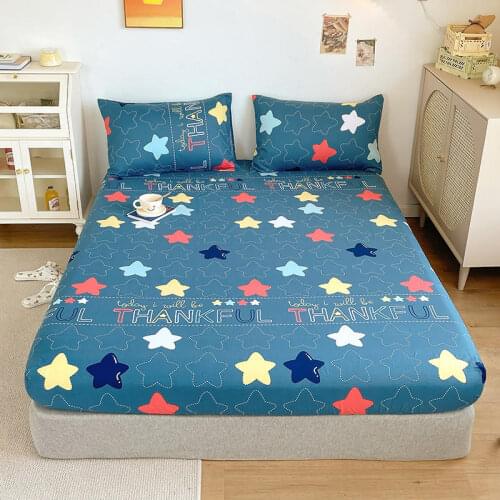 Bonenjoy Fitted Sheet Cotton100% Queen Size drap de lit coton 180x200 Stars Printed Blue Mattress Cover 150x200(No Pillowcase)