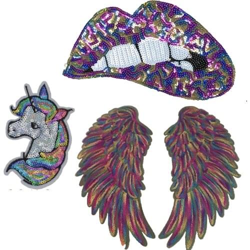 2019 New Colorful Angel wing with Lips Sequined Iron on Patches for Clothes Large Feather Mouth Sequins Patch Sewing DIY 1 Set