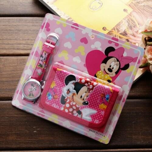 Disney New Children Cartoon Wallet Watch Set Mickey Minnie Watches Students Birthday Gifts Quartz Leather Clock Doll accessories