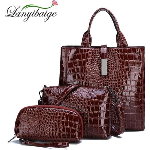 New Women HandBags Brand 3-piece Big Tote Bag Shoulder Bags Luxury Crocodile Pattern Leather Lady Messenger Bags With Wallet