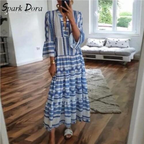 Dresses For Women Autumn Outwear Geometric Printed Bohemian Vintage Flare Sleeve Hit Color Loose Comfort Elegant Dress