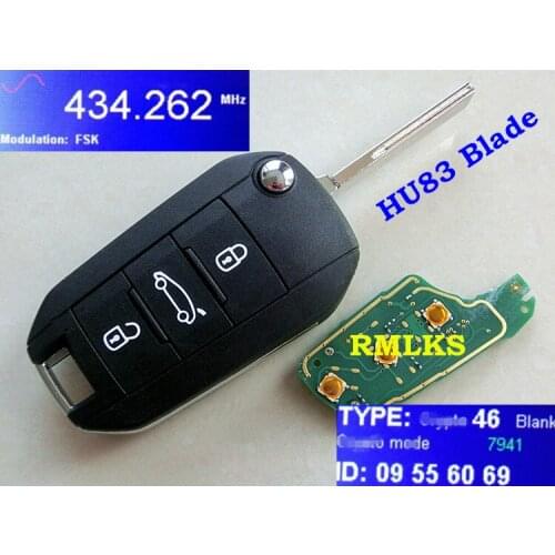 RMLKS New Floding Flip Remote Key 3 Button 433MHz ID46 Electronic Chip HU83 Blade Fit For Peugeot 508 Car Key Fob