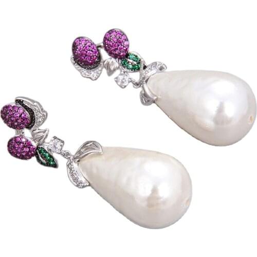 JK Natural Teardrop White Sea Shell Pearl Cz Pave Earrings For Women