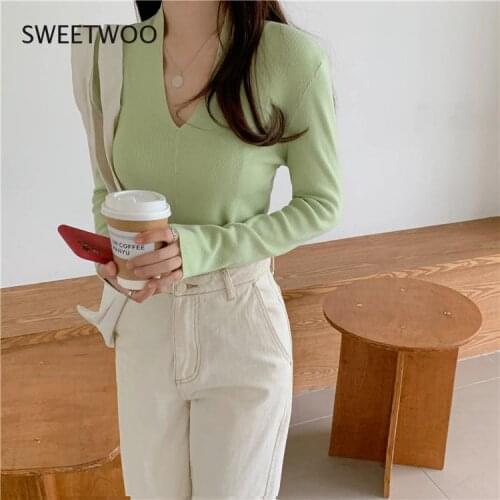 V-Neck Knitted Shirts New Fashion Women T-Shirts Fashion Spring Long Sleeve Shirts Slim Ribbed T Shirt Slim Pullover Blous