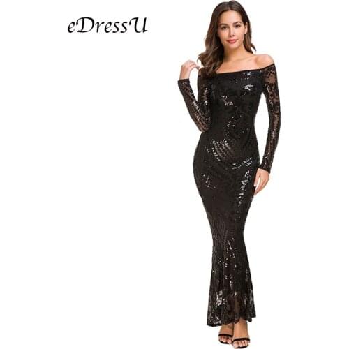 Mermaid Evening Party Dress Black White Sequin Paillette Vestiso Robe de Soiree Off Shoulder Formal Evening Gown MS-DHM695