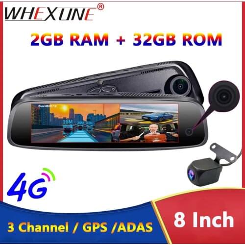 WHEXUNE 8 inch Rearview Mirror 3CH Cameras 2G+32GB Car DVR 4G Android DVR Dash Cam FHD 1080P Auto Camera GPS WIFI ADAS Registrar