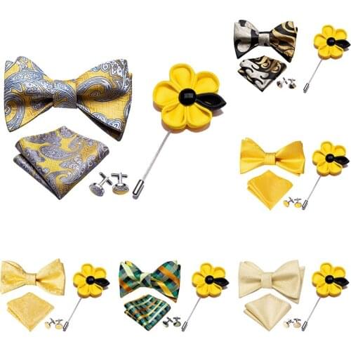 Yellow Bowtie for Men Self-tied Bows Paisley Silk Tie Set Pocket Square Cufflinks Brooch Set Gift for Wedding Party Barry.Wang