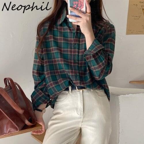 Neophil England Style Woolen Plaid Women Shirts 2021 Autumn Blouse Long Sleeve Female Casual Loose Checkered Lady Outwear B21817