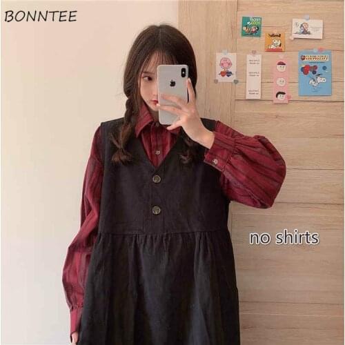 Dresses Women Loose All-match Sweetie Japanese Style Preppy Causal Ladies Sleeveless V-neck Fashionable Vestidos Kawaii Solid