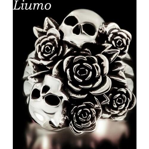 Liumo Vintage Punk Style Silver Color Rose Skull Women Alloy Street Dance Show Accessories Rings Lr1202