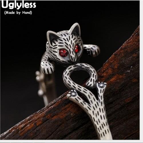 Uglyless 100% Real Solid 990 Fine Silver Cat Bangles for Women Handmade Kitty Open Bangle Thai Silver Bracelets Fine Jewelry