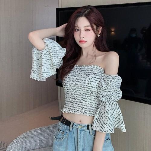 French Sexy Chiffon Blouses and Tops for Women 2021 Fashion Trend Letter Print Club Clothes Girls Off Shoulder Corset Top Blouse