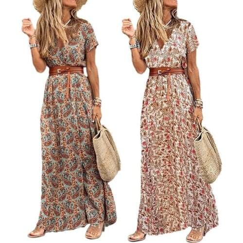 Women Boho Long Dress Retro Long Sleeve V Neck Beach Vintage Flower Print Maxi Dress Ladies Elegant Belted Split Dress Robe