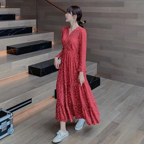 Women Long Sleeve Red Chiffon Floral Print Dress Autumn Spring 2020 Elegant Korean Maxi Dress Runway Boho Casual Party Dress New