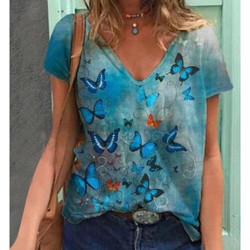 4# Butterfly Printed T-shirts Woman Oversized T Shirt Harajuku Top Short Sleeve V-neck Tee T-shirts Plus Large Size S-5xl Топ
