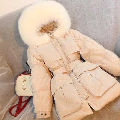 90% white duck down jacket female with real fur collar hooded fashion belt solid mid long coat big natural raccoon and fox fur