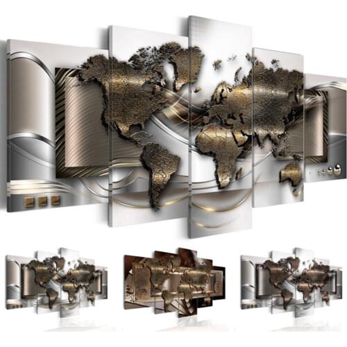 2019 Abstract HD World Map High Quality 5 Panles Modern Wall Art Home Painting Hotel Painting Map Canvas Printing No Frame