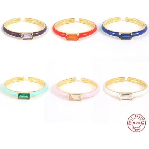 Aide 925 Sterling Silver Colored Enamel Adjustable Rings Resizable Dripping Oil Square Zircon Opening Rings Wedding Party Jewel