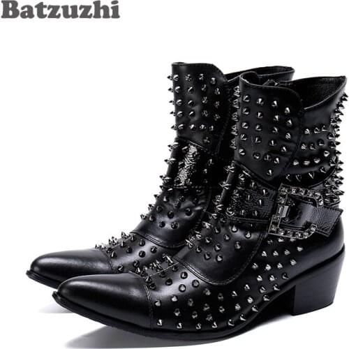 Batzuzhi Western Boots Men Rock Punk Rivets Leather Boots Men Military Spikes Men botas hombre Motorcycle, Big Sizes EUR38-46