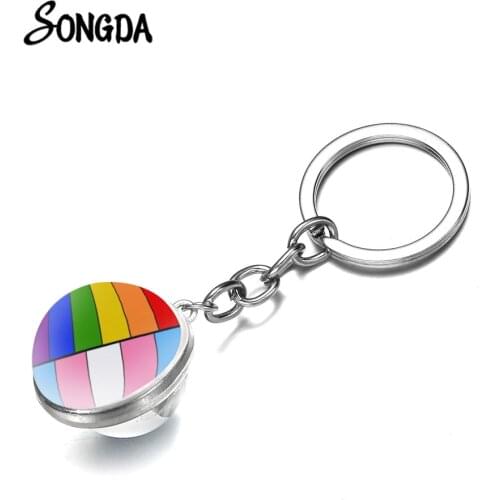 LGBT Rainbow Key Chain Lesbian Gay Pride Flag Pattern Double Sided Crystal Glass Ball Keychain Silver Plated Keyring Unisex Gift