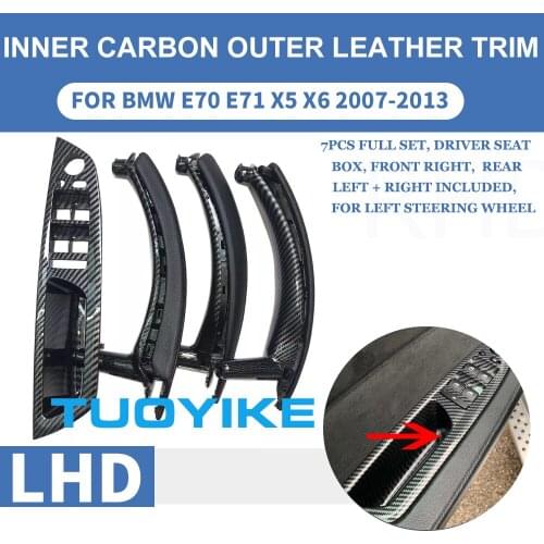7pcs/set LHD Left Hand Drive Carbon Fiber Inner Door Pull Handle Outer Leather Cover Armrest Trim Replace For BMW E70 E71 07-13