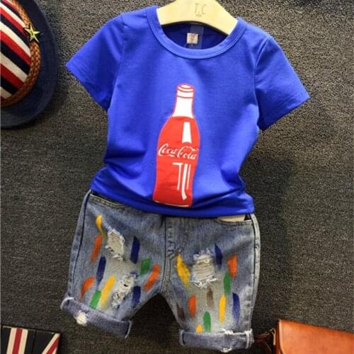 DFXD Children Boys Set New Summer Blue Short Sleeve Drink Bottle T-shirt+Ripped Colorful Print Jeans Toddler Boy Clothing Set