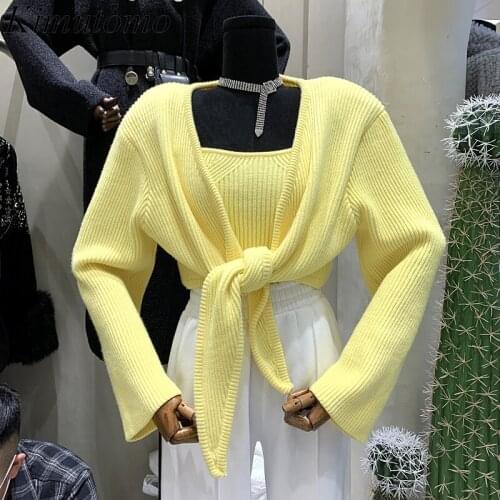 Kimutomo Sweet Casual Two Piece Set Women Autumn Fashion Long Sleeve Lace Up Solid Cardigans Knitwear Short Slim Sling Elegant