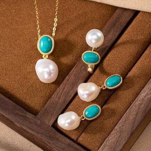 925 Sterling Silver Rings for Women Earrings Pendant Sets Pearl Turquoise Temperament Simplicity Silver 925 Jewelry Sets Female
