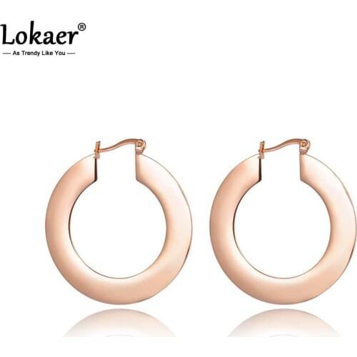 Lokaer New Arrive Round Flat Titanium Steel Classic Rose Gold Color Ladies Earrings Party Jewelry E17057