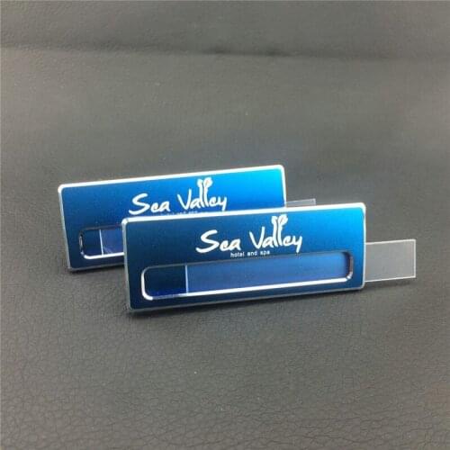 30pcs/lot 70*26mm metal staff name badge holder with safety pins tags Aluminum custom logo LASER reusable name tag