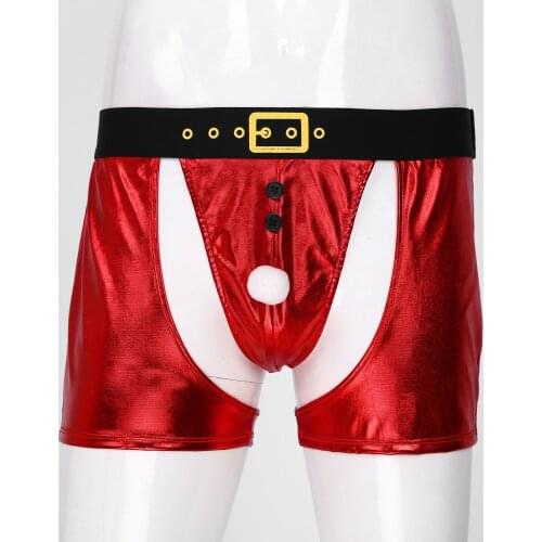 Mens Faux Fur Ball Decor Boxer Shorts Bulge Pouch Cutout Underwear Novelty Christmas Lingerie Panties Glossy Faux Leather Briefs