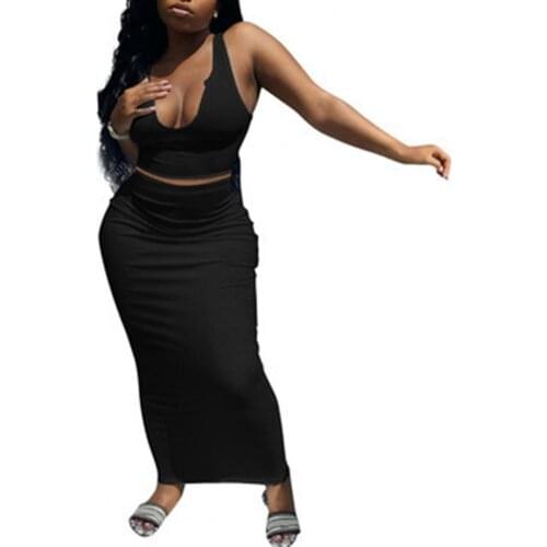 2021 Summer New Fashion Bodycon Sexy U Neck Backless Outfit Suit Two Piece Set Maxi Skirt Crop Top Set High Split Streetwear