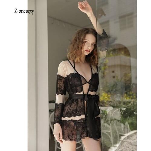 European and American pajamas womens sexy underwear long sleeve cardigan spring and summer loose Nightgown home wear suit