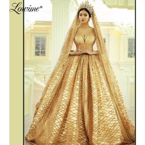 Luxury Glitter Gold Wedding Dresses Muslim Arabic Long Bridal Gowns 2021 Couture Plus Size Middle East Women Bride Dresses Robes
