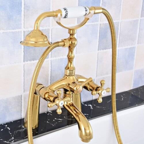 Luxury Gold Color Brass Deck Mounted Bathroom Tub Faucet Set with 1.5M Handheld Shower Spray Head Bath Mixer Tap 2tf776