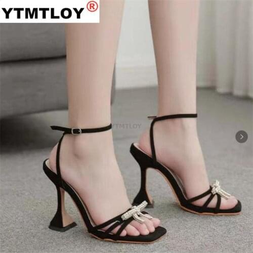 Crystal Buckle Sandals Cup High Heel Formal Party Shoes Square Open Toe Dress Celebrity Big Size 35-43 Buckle Strap Casual