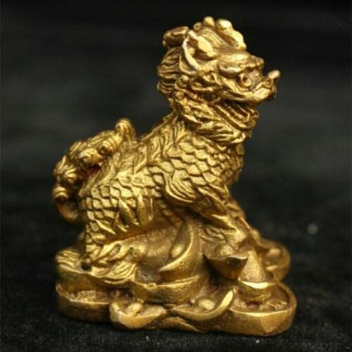 2" Collect Chinese Yellow Bronze Hand Carved Animal Lion Wealth Yuanbao Statue Statues for Decoration Collection Ornaments Gift