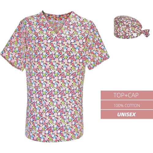 XXS-XXXXL Scrub top for Women Men 100% Cotton Cartoon Anime Printing Uniforms Nurse Accessories Clothes Round V-Neck Scrubs Tops