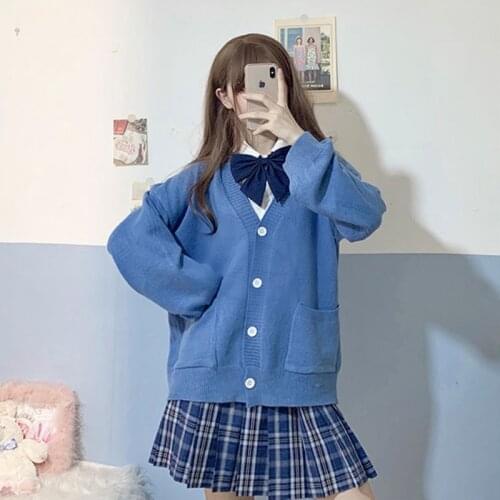Japan School Sweater Women Spring Autumn V-neck Cotton Knitted JK Uniforms Cardigan Loose Multicolor Student Girls Cosplay Tops