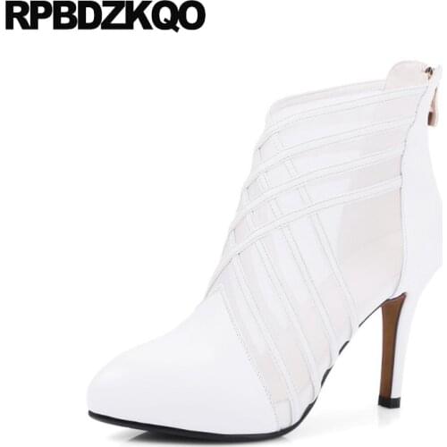 Women Sandals 2017 Stiletto Booties White Wedding Boots Genuine Leather Pointed Toe Elegant Bridal Mesh High Heel Blue Shoes
