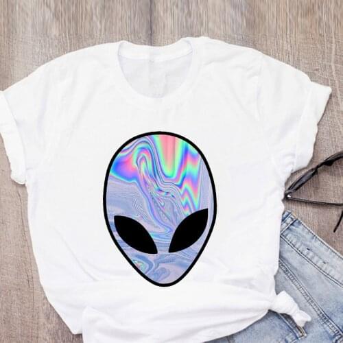 Women Sweet Cartoon Alien Rainbow Color Ladies Summer Print T-Shirt Shirt Tops Lady Clothes Womens Clothing Tee Lovely T Shirt