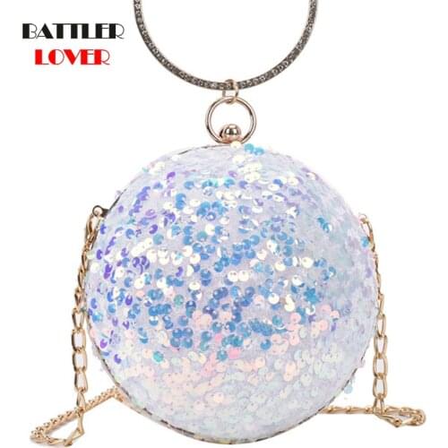 Women Circular Shapes Diamond Evening Bag Sequined Chains Luxury Design Handbags For Female 2021 Fashion Party Shoulder Bucket