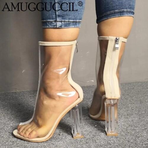 2020 New Plus Big Size 35-45 Nude Zip Peep Toe Fashion Sexy High Heel Clear Spring Summer Female Lady Women Boots X1827