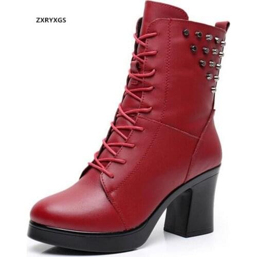 2021 New British Style Rivet Genuine Leather Martin Boots Female Handsome Wild Warm Shoes Winter Boots High Heel Wedding Shoes